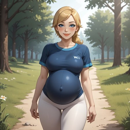 score_9, score_8, BREAK, solo, mii, wii, wii sports resort, 1girl, female mii, attractive, blonde hair, white skin, makeup, blush, blue eyeshadow, blue eyes, small nose, mole under eye, lips, black clothing, shoes, big breasts, white leggings, Alisha_(\Wii_Sports_Resort\), Nintendo Mii, modern_mii, classic_mii, cute, (((pregnant))), adult female, mature female, sexy pose, self portrait, smile, outdoors, sunlight, shadows, evening lighting, natural lighting, forest, trees, grass, orange sky, sunset