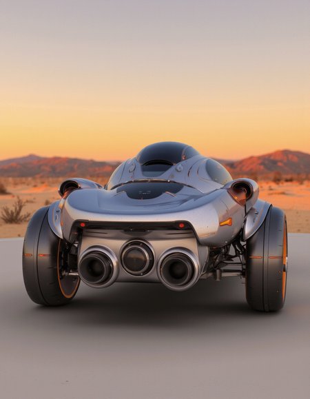 Art by Andrian Luchian. A photo-realistic rendering of a futuristic, sleek, futuristic vehicle with a sleek, metallic exterior and orange accents. the vehicle is positioned in the center of the frame, with a blurred, desert-like landscape in the background during sunset. the sky is a warm orange color, and the horizon is visible in the distance. the car has a low-slung body with a large, circular cockpit and two large, twin-cylinder exhausts on either side, giving it a sleek and modern look. the overall aesthetic of the image is minimalistic, with no other elements present in the scene.