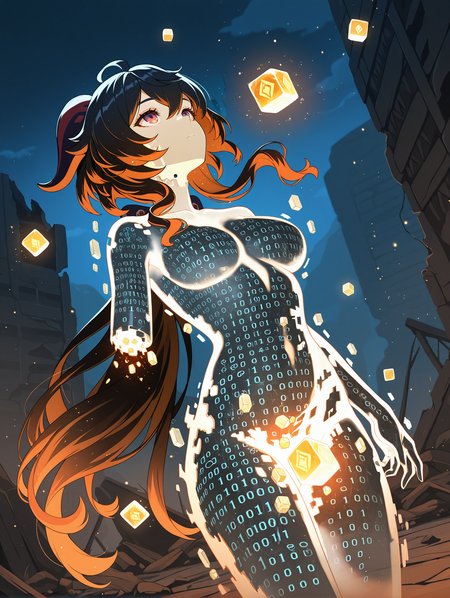 ganyu \(genshin impact\),black hair,cowboy shot,see-through body, energy drain, naked,looking up, expressionless, amputee, 
monster girl,(fading:1.103),(disintegration:1.103),(dissolving:1.103),(binary:1.103),dynamic angle,cracked body,(digital dissolve:1.103),(disintegration skin:1.103),(disintegration girl:1.103),(digital dissolve skin:1.103),petrification,burning hair,gradient hair,close-up,(a lot of cubes:1.103),(cubes in skin:1.103),(black cubes:1.103),(body of cubes:1.103),floating object,transformation,henshin,light particles,gradation skin,ruins,night,
,masterpiece,best quality,amazing quality,