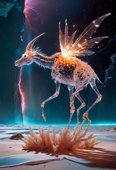 white desert oasis, salty earth, hyper detailed,  rusty, striking, animalistic, bite-sized, by Floris van Schooten  and by richard avedon, famous artwork inspired by (beeple:1.3) and (cliff nielsen:1.4), crystalline, fractal art, fantasy style, this peculiar life form, the "inquisitive plerkblortz" hides in the gnarling dense crystal jungles of the puffalorpled exoplanet "gazorpazorp secundus", covered in a metallic exoskeleton it ambushes its prey with (long crystalline appendages:1.4), dark, shadows, black, shadow hues, highly artistic, highly painterly, harmonic colors, expressive, ultimate aesthetic level, visible brushstrokes, masterclass artistry, vibrant energy, apocalyptic mood, atmospheric haze and dense fog, strong winds,  highly aesthetic, otherworldly, limited palette,  faded colors, washed out colors, extremely dark, extremely low key lighting, dark shadows, perfect composition, full panoramic shot translucent, transparent, glowneon, glowing, sparks, lightning