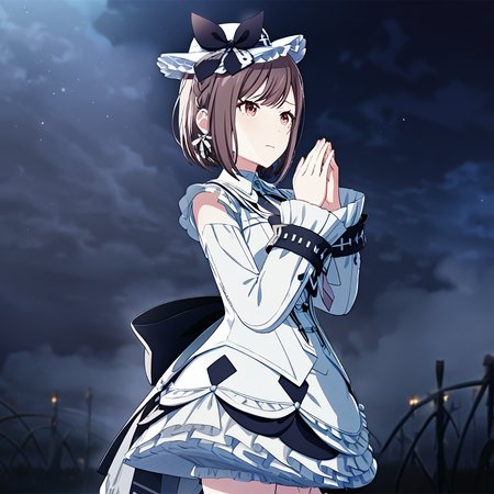 1girl, shinonome ena, project sekai, masterpiece, very aesthetic, absurdres, official art,
keikyoku ena, brown short hair, brown eyes, braid, solo,
sad, tears, looking up, looking afar, hand up, catching  falling stardust with both hands in front of her chest, palms facing up, cowboy shot, BREAK
headwear, head ribbon, 
dark, dark atmosphere, night, mist, 
 The scene is illuminated by a soft, ethereal light, casting a magical glow on her face and hands. 
 <lora:sdxl-25-KeikyokuEn01:0.8:lbw=0,0,0.2,0.2,0,0.4,0.4,0,0.8,0.8,0,0,0,0.8,0.8,0.6,0.8,0.0,0.0,0.0,0,0,0,0,0,0>