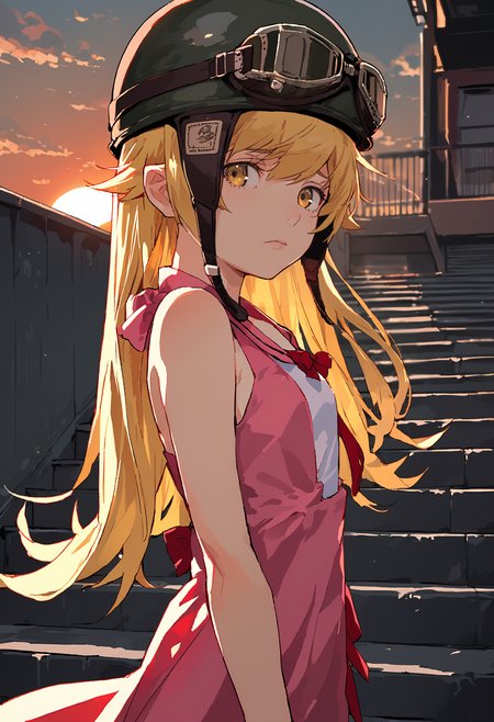 score_9, score_8_up, source_anime,1girl,solo,oshino shinobu,blonde hair,long hair,bangs,yellow eyes,eyebrows,hair behind ear,pink dress,sleeveless,bare shoulders,red bowtie,aviator helmet,stairs,from the side,closed mouth,sad,sunset,floating hair