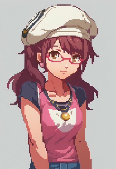 score_9, score_8_up,  detailed,    absurdres, extreme_quality,   anime style,     portrait, upper body portrait, slight side angle,   rpg portrait,  rpg, portrait,  , shadow, plain background, light grey background,  , upper body focus,   face focus, looking at viewer,  slight smile, p4rise, kujikawa, rise, twintails, long hair, brown hair, pink earrings, glasses, pink-framed eyewear, p4rise-sumcas2, alternate hairstyle, hair down, hat, casual, t-shirt, black t-shirt, tank top, pink tank top, layered shirt, shorts, blue shorts, denim shorts,