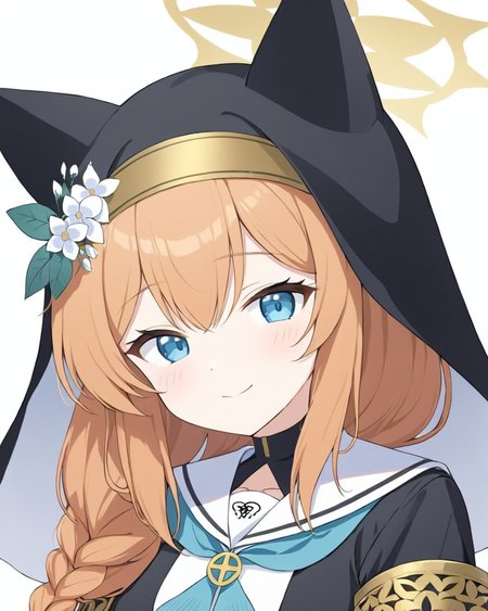 mari \(blue archive\),1girl, animal_ear_headwear, halo, solo, nun, habit, smile, white_background, simple_background, white_sailor_collar, single_braid, upper_body, hat_flower, long_sleeves, looking_at_viewer, blue_neckerchief, notice_lines, white_flower, cropped_torso, closed_mouth, frills
<lora:mari_(blue_archive)_image2498_2023-11-28-000008:1>halo. gorgeous,key visual, vibrant, studio anime,award-winning, professional, highly detailed,high budget, cinemascope