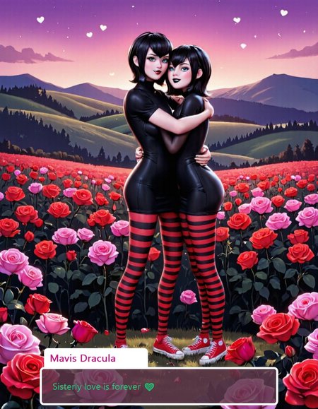 F1CNQRJCouple,A digital illustration depicts a romantic scene with a couple embracing in a vibrant field of red and pink roses. The couple stand amidst the flowers. The background features rolling hills and a sunset sky with hearts floating above., Mavis Dracula, Black hair, Blue eyes, Short, choppy bangs, Pale skin, Red and black striped leggings, Black dress, Red sneakers, Youthful appearance, Pointed ears, null