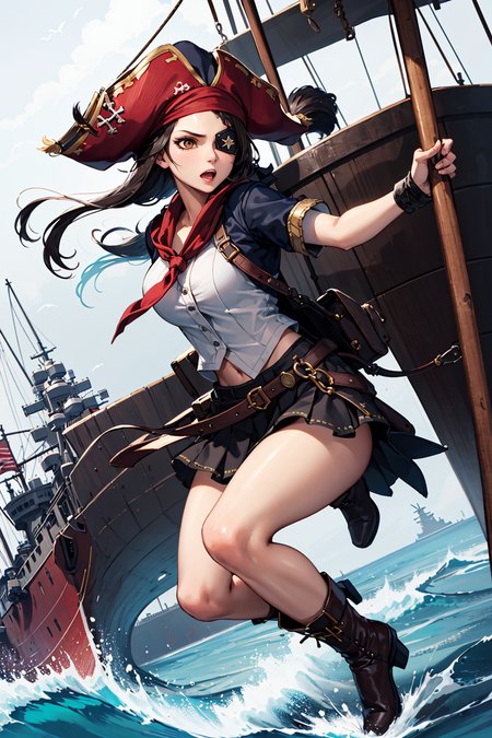 masterpiece, best quality, highres, intricate details,
1girl, solo, shiny skin,subsurface scattering,medium brown,Pirate, Tricorn hat, eye patch, bandana, puffy shirt, boots, On deck of ship, Boarding enemy vessel, Swinging from ropes, brandishing cutlass, Fierce and determined,
rim lighting, two tone lighting, <lora:epiNoiseoffset_v2:1>