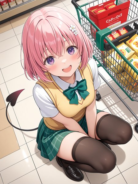 masterpiece,best quality,newest,
1girl,solo,
<lora:momo_ilxl_v1.8:1>,momo,pink hair,purple eyes,short hair,h_o,hair ornaments,m_clothes,short sleeve blouse,yellow vest,green bowtie,green plaid skirt,demon tail,black_thighhighs,loafers,
<lora:Fixhands_anime_bdsqlsz_V1:1>,<lora:shop_00_ilxl_v1.0:1>,shop_00,s_cart,shopping cart,from_side,looking_at_viewer,:d,blush,squatting,knees_together_feet_apart,from_above,looking_up,