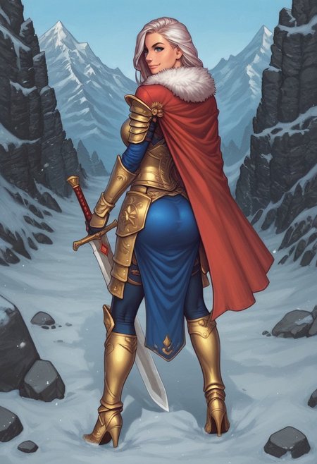 1girl, ((back view))), looking at viewer, highly detailed, from front, 1girl, highly detailed, skinny, looking at viewer, 1girl, masterpiece, best quality,
raw, masterpiece, extremely detailed, hyperrealism, photo, perfect anatomy, magnificent young warrior, full body, dramatic lighting, shadow play, romantic, heroism, epic, determination, proud, eternal beauty, detailed face, very long hair, very dark brown hair, beautiful blue eyes, battlefield background, massive plate armor, masculine body, muscular, heavy arms armor, red cape, fur collar, sword, BREAK
slight smile, looking at viewer, fur coat, dynamic pose,
BREAK 
long hair, silver hair, hair over one eye, blue eye, big hair, dynamic pose
BREAK 
best quality, depth of field, bokeh, (((full clothed))),  ((ready to fight, holdind big sword in hands, big two-handed sword in hands)), highlander
BREAK 
(((((snow, stones,  mountains))))) score_9, score_8_up, score_7_up, score_6_up, source_cartoon, rating_explicit, Expressiveh, (((((full body))))), dynamic pose
