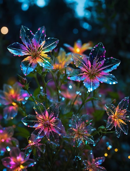 epiCPhoto,
The Starlight Prism Blossom is renowned for its prism-like petals. Each flower consists of multiple transparent geometric facets that refract and reflect the surrounding light, forming dazzling rainbow-colored beams. At the center of each flower is a small light source that changes colors continuously, adding to the flower's enchanting charm. The stems are composed of transparent tubular structures, filled with fluorescent liquid that shimmers with the plant's movements. At night, these flowers resemble twinkling stars, illuminating the entire garden and creating a dreamy atmosphere.