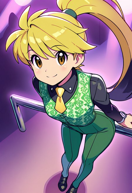 masterpiece, best quality, solo, curvy, beautiful eyes, narrow waist, wide hips, 1girl, solo, smile, looking at viewer, dynamic angle, foreshortening, close up,    zzYellow, brown eyes, blonde hair, long hair, ponytail, bangs,  , <lora:YellowPokemon_NAI:1.0>, [The Caporegime], olive green tailored suit with a gold tie and cufflinks, polished black leather shoes, subtle paisley pattern on the vest, silver watch, dark hair styled in a classic comb-back, leaning over a bar in a crowded upscale nightclub, smiling menacingly as he speaks to a rival businessman,