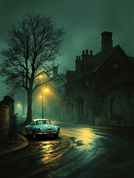 A photograph capturing a misty, atmospheric street scene at night. The image is dominated by a narrow, winding road that curves gently to the right, disappearing into the fog. The road is wet, with a glistening texture suggesting recent rainfall. On the left side of the road, a tall, leafless tree stands bare against the dark, foggy sky. To the right, another tree, also leafless, is visible. The background features an old, dilapidated building with a pitched roof and multiple chimneys, partially obscured by the fog. The building's walls are rough and weathered, indicative of age. 
The streetlights on either side of the road emit a warm, yellowish-orange glow, contrasting sharply with the cool, muted tones of the fog and the dark, almost black, shadows. The lights cast long, soft shadows on the ground, enhancing the eerie, almost ghostly atmosphere. In the foreground a pale blue, white top Volkswagen Karmann Ghia is parked on the side of the road. The overall color palette is dominated by greens, greys, and blacks, with occasional bursts of warm yellow from the streetlights. The image exudes a sense of solitude and melancholy, with a hint of mystery and the passage of time.
loose brushwork, vibrant color, light and shadow play, captures feeling over form.