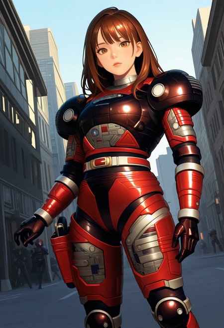 1girl, solo, R3ddle, armor, bodysuit, shoulder pad, gloves, belt, kneepad, holster, brown hair, brown eyes, cowboy shot, dutch angle, looking at viewer, shiny clothes,
outdoors, city,
best quality, very aesthetic, masterpiece,