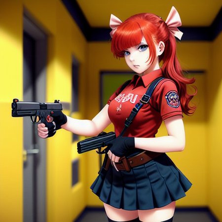 ((ultra-detailed)), ((illustration)), indoors, classroom, 1girl, solo, cowboy shot, (red hair), hair over one eye,  Glock17, shirt, skirt, bow ribbon, knee boots, (disgust), looking at viewer, looking down,(trigger dicipline), gun, gun to head, holding gun, <lora:glock17:0.6>
