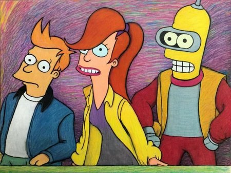 The crew of Futurama <lora:crayons_v1_sdxl:1>, Very detailed, clean, high quality, sharp image, FuturamaStyle <lora:SDXL-FuturamaStyle-Lora:1>