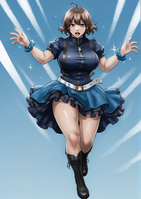 1girl, hagiwara yukiho, huge breast, ahoge, belt, blue background, blue dress, blue scrunchie, boots, brown eyes, brown hair, cross-laced footwear, dress, floating, flower, frilled dress, frilled skirt, frills, full body, lace-up boots, looking at viewer, open hands, open mouth, outstretched arm, scrunchie, short hair, short sleeves, skirt, sky, solo, sparkle, sparkle background, star (sky), starry sky, thigh scrunchie, white belt, wrist cuffs, zipper, zipper pull tab,, zPDXL3  <lora:Blue_Ogre:1>