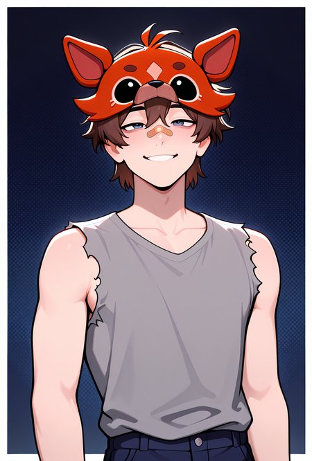 <lora:michafton-10:1> michafton, brown hair, short hair, 1boy, grey shirt, sleeveless shirt, bandaid on face, bandaid on nose, torn clothes, torn sleeves, navy blue shorts, smile, foxy mask to side, dark blue background,, masterpiece, best quality, amazing quality, very aesthetic, absurdres, newest,, upper body, halftone effect, white borders, abstract background:1.2,
