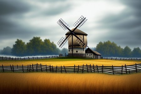 RAW photo, (masterpiece:1.3), subsurface scattering, heavy shadow, (high quality:1.4), (intricate, high detail:1.2), professional photography, HDR, High Dynamic Range, realistic, ultra realistic, photorealistic, high resolution, film photography, ambient lighting, atmospheric effects, <lora:detail_slider_v4:2>, OverallDetail, nice fantasy farmhouse, wheat fields, windmill, fence, fantfa, <lora:FantasyFarm:1>