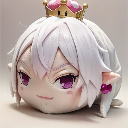 score_9, score_8_up, score_7_up, BREAK  <lora:NSBooetteMari:1> NSBooetteMari, white hair, hair flaps, long hair, pale skin, hair between eyes, purple eyes, large breasts, crown, ball earrings, pink earrings, pointy ears, <lora:hauntedBeanPlushieThatWill_v10:1.2> haunted bean plushie
