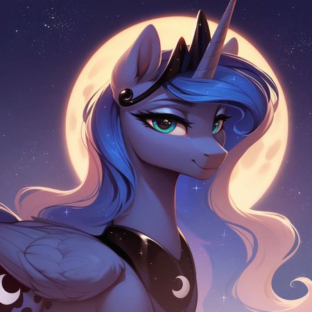 masterpiece, score_9, score_8_up, score_7_up, (best quality:1.1), ultra-detailed, high resolution, beautiful detailed eyes, Long eyelashes, Looking At Viewer, Highly Visible, 8k, Princess Luna, pony, alicorn, g4, both cutie marks, female, feral, sharp focus, beautiful, perfect lighting, beautiful eyes, anatomically correct, anatomically correct face, extremely detailed, (In the starry night sky), shine on body, high detail, proud face, 🌙, ✨, Expressiveh, OverallDetail