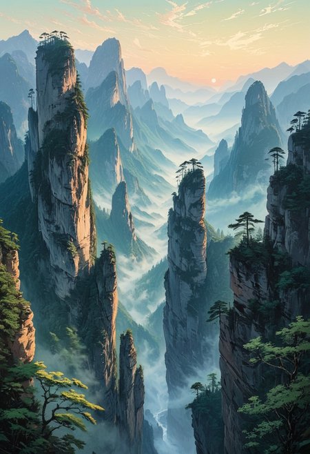 famous artwork, masterful use of light and shadow, masterful composition following the rule of thirds, chiaroscuro, dappled sunlight, at dawn, romanticism oil painting of the floating peaks of zhangjiajie in the style of caspar david friedrich, towering sandstone pillars rising through a sea of mist, their sheer cliffs overgrown with lush green vegetation with small accents of colorful wildflowers, the scene is bathed in a golden morning light, soft rays piercing through the ethereal mist, casting long shadows and highlighting the rugged texture of the stone, delicate wisps of cloud wrap around the formations, further emphasizing their towering grandeur, the atmosphere is serene yet awe-inspiring, evoking a sense of the sublime, a narrow, winding mountain path leads toward a detailed wooden bridge that connects two towering peaks, an ancient and awe-inspiring temple built in traditional chinese style sits atop a pillar in the middle ground