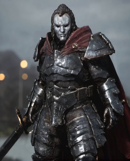 bleakfaith,a living statue in a cape and in armor with mask,holding a weapon,science fiction,highly detailed, sharp definition ,cinematic,50nm dof,bokeh,realistic,sharp focus,ultra detailed,128k uhd,awardwinning,trending on artstation, <lora:bleakfaith-000004:1>, <lora:add-detail-xl:2>