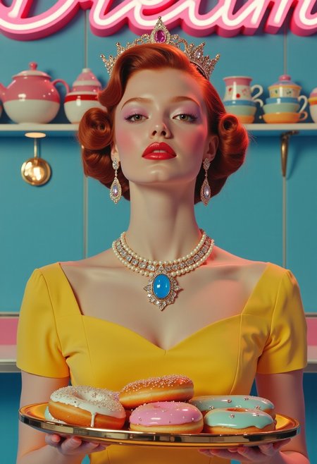 A surreal dreamy low saturation, soft focus, medium shot with a vintage aesthetic of a 20 years old very pretty woman with sweet smile, wavy red hair styled in a 1950s-inspired bouffant, wearing a jeweled crown with opalescent gems, crystal drop earrings with shimmering detail, a multi-strand pearl necklace with a large opalescent blue gem pendant, and a yellow dress with subtle, embedded sequins. (many donuts an teacups levitating in hair everywhere:1.4).
She is holding a gold tray with an assortment of pastel-glazed donuts embedded with diamond reflective glitter and rhinestones with surrealism.
The background is a brightly lit 1950s diner setting with a baby blue tiled backsplash, a pink neon sign reading "Dream" a shelf with colorful cups. The overall color palette consists of a soft blend of bubblegum pink, baby blue, butter yellow, and mint green, accented with metallic gold, rose gold, silver, and a slight iridescence. The scene utilizes soft, diffused lighting with spotlights creating gentle highlights on the jewelry, the crown, and the (emphasising on floating donuts and tea cups around), 
lorenastyle,retro futuristic clothing style