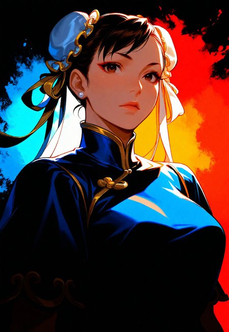 1girl, chun li,  solo, dark,  masterpiece, best quality, very aesthetic,  upper body,  multicolored background