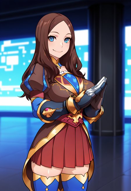 masterpiece, best quality, amazing quality, very aesthetic, absurdres,

1girl, solo, 

long hair, parted bangs, forehead, brown hair, blue eyes, detached collar, multicolored dress, puff and slash sleeves, elbow gloves, gauntlets, pleated skirt, red skirt, blue thighhighs,

Standing, smile, looking at viewer,  v hands, 



White scifi background, 

