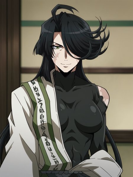 <lora:Sanzou_Sharak-Saiyuuki_Reload_Blast:0.8>,Sharak,1girl,black hair,long hair,scar on face,hair over one eye,green eyes,breasts,bodysuit,japanese clothes,upper body,smile,looking at viewer