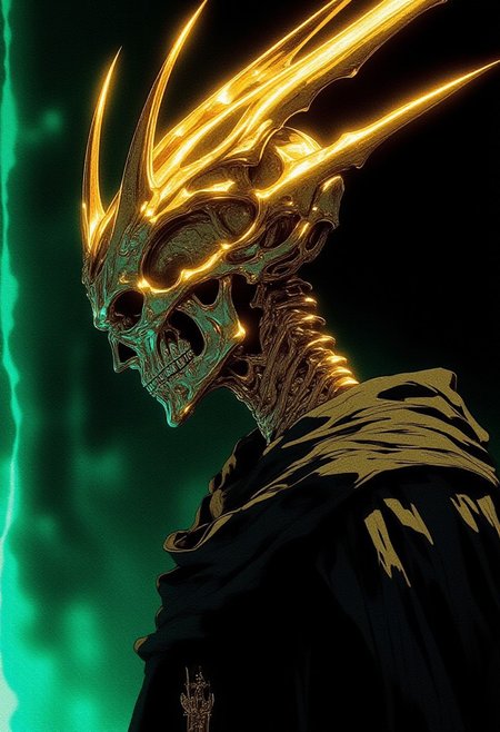 A digital artwork shows a highly detailed human skeleton in side view, facing left. Its bones shine like polished silver chrome, with smooth reflections and a slight green tint that gives it a magical, futuristic look. The skeleton wears a long, flowing black robe with a soft glow, adding mystery and depth. On its head is a sharp, golden crown with perfect, pointed spikes made of shiny metal, glowing brightly like sunlight.
The skeleton is placed along the left side of the picture, following the rule of thirds for balance. Behind it, the background glows emerald green and gently pulses with light, making the chrome bones and golden crown stand out even more. The soft green light and the shining silver and gold create a powerful, god-like feeling. The artwork is clean, modern, and focused, with sharp lines and high detail. It is drawn in HD, 8K quality and looks like a true masterpiece.