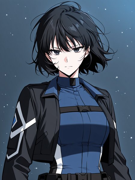 <lora:Omniscient Reader's Viewpoint _ Han Sooyoung_epoch_7:1>
1 girl, solo, short hair, messy hair, black hair, black eyes, 
blue bodysuit, black short jacket, tactical outfit, long black boots, utility belt, black gloves, holster on thigh, white and black accents, skin-tight suit, 
score_9, score_8_up, score_7_up, score_6_up, source_anime, rating_explicit, masterpiece, best quality, intricate details, gothic fantasy, upper body portrait, dramatic pose, confident gaze, cinematic lighting, clean background, glowing magical particles, detailed face, vibrant colors