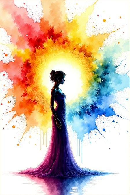 <lora:Vibrant_watercolor_v.21:0.80> A watercolor sketching featuring DGLO style  dulac1 illustration in  VibrantlySharp style.    A graceful silhouette of a woman stands poised, her figure framed by a dramatic explosion of vibrant, flowing colors that fan outward like liquid fire and water meeting in perfect harmony. On her right, warm hues dominate: radiant reds, fiery oranges, and golden yellows cascade like molten lava, splashing outward in bold streaks. On her left, cool tones prevail: deep blues, vivid purples, and electric aquas ripple like the serene yet powerful waves of an ocean. Her posture is elegant, with a subtle tilt of her head and a poised hand, suggesting both contemplation and confidence. The colors appear to move, blending and colliding in mesmerizing gradients that spill into the white void surrounding her. The interplay of warm and cool tones creates an electrifying balance, embodying both chaos and serenity.