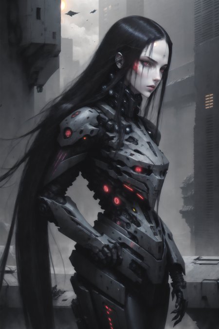 dark colors, best quality,realistic,sharp, highly detailed,soft lighting,pcell, hair, cyborg, portrait, detailed face, pale skin, tubes, concrete, mega structures, giant buildings ,decrepit scenery,  debris, <lora:blamev2:0.7>