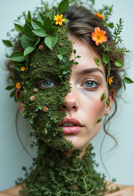 A portrait where one half of the subject’s face is made of natural elements like leaves, vines, and flowers, while the other half remains human. The piece explores the connection between humans and nature, blending the organic with the human form.