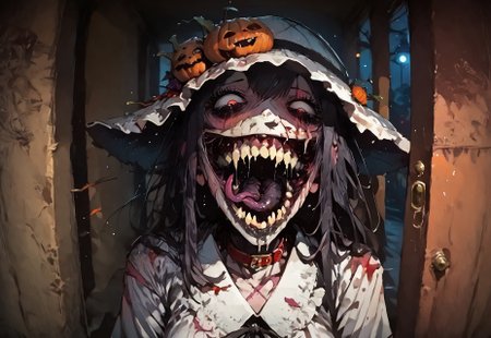 safe_pos, score_9, score_up_8, masterpiece, best quality, explicit, 
hasshaku-sama, mature woman, large woman, tall woman, sagging breast, enormous breast, long hair, black hair, horror (theme), collar bone, bony body, skinny, anorexic, fall season, trees, red yellow and orange leaves, falling leaves, night,  Expressiveh,  
 teeth, tongue, open mouth, horror, blood, (((stiches, scars))), black tongue, very long tongue, black tears, full body, tr1ck0rtr3at, holding, halloween bucket, doorway, street background, white bloodstained dress, white sunhat, covered breasts