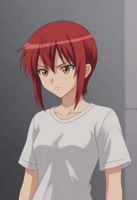 source_anime, anime screencap, source_anime, auratheguillotine, anime screencap, masterpiece, source_anime, shiny skin,,,,,,black t-shirt,1girl, solo, rza, red hair, yellow eyes,