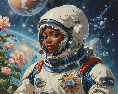 digital art, Oyster, the Oyster is wearing Ghanaian space suit, photolab, stylized by Joseph Christian Leyendecker, WLOP, Boris Vallejo, pixiv, Ultra Detailed, Floral motives, Best quality, highly detailed, intricate details, <lora:Vintage_Anime:0.5>