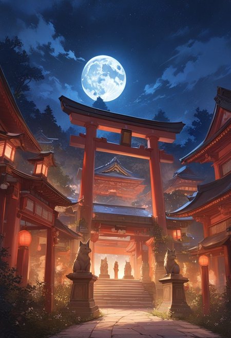 (best quality, highres:1.1)PEAnimeBG ,masterpiece, best quality, high quality, highres,  high detailed, masterpiece, high detailed, masterpiece, hyper maximalist, Legendary Landscape, Capture the serene beauty of a traditional Japanese temple illuminated by the soft glow of a full moon. Highlight the majestic torii gate leading to the temple, surrounded by intricately carved fox statues. Emphasize the mystical atmosphere, (tranquil:1.2) ambiance, and (timeless:1.1) charm