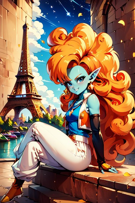 score_9, score_8_up, score_8, medium breasts, (curvy), cute, eyelashes,       BREAK, ,  zZangya, blue eyes, blue skin, pointy ears, orange hair, curly hair, long hair, big hair,  jewelry, necklace, detached sleeves, bare shoulders, vest, gloves, white baggy pants, <lora:Zangya_Dragonball_PDXL:0.8>, , BREAK, zzEiffelTower in background, sitting, watercraft, boat, sitting on wall, side view, looking at viewer, smile, ,,, BREAK, blooming stars, luminescent petals, otherworldly fragrance blurry background, ,,, embedding:zPDXL, Expressiveh, ,,, <lora:EiffelTowerPDXL:1.0>, <lora:CatalystStylePDXL:0.6>, <lora:SDXLFaeTastic2400:0.5>, <lora:Expressive_H-000001:0.4>,
