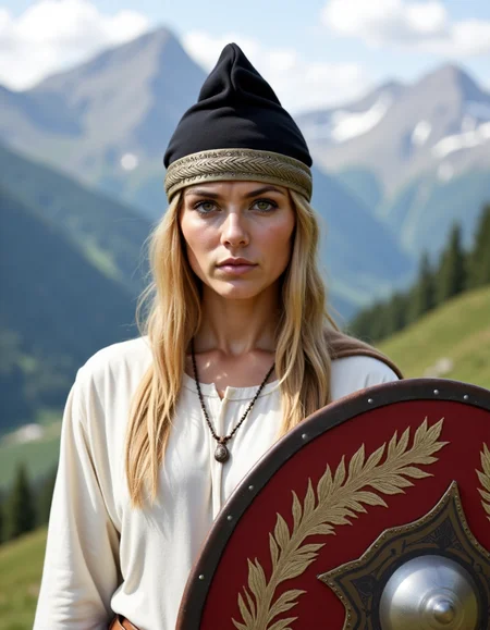 Dacian a woman with a falx and a white shirt is standing in front of a mountain. Woman wear a dacian hat and hold a dacian decorated ovel shield. <lora:DaciiV6:1>