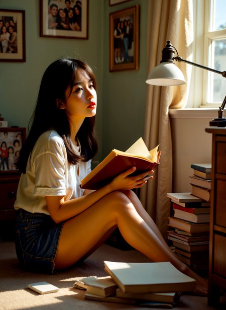 cinematic film still a young woman sitting on the floor in a room with a window in the background. She is holding a book in her hands and appears to be engrossed in it. The woman is wearing a white blouse and denim shorts and has long dark hair. There are several other books scattered around her, including a stack of books and a lamp on the right side of the image. On the wall behind her, there are several framed pictures hanging. The room is bright and airy, with natural light coming in from the window. <lora:add-detail-xl:.5>  <lora:Flux-style-xl-lora:.5>