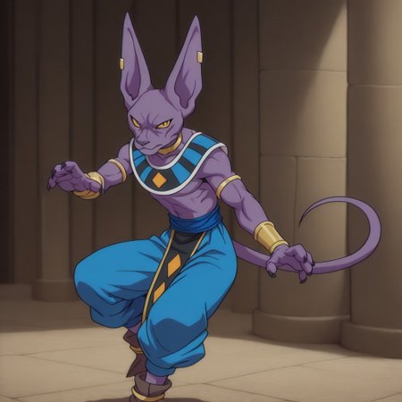 masterpiece, best quality, amazing quality,dbbeerusil, anthro, male, feline, purple skin, yellow eyes, egyptian clothes, blue pants, brown footwear, jewelry, neck ring, armlet, bracer, bracelet, earring, fighting stance
