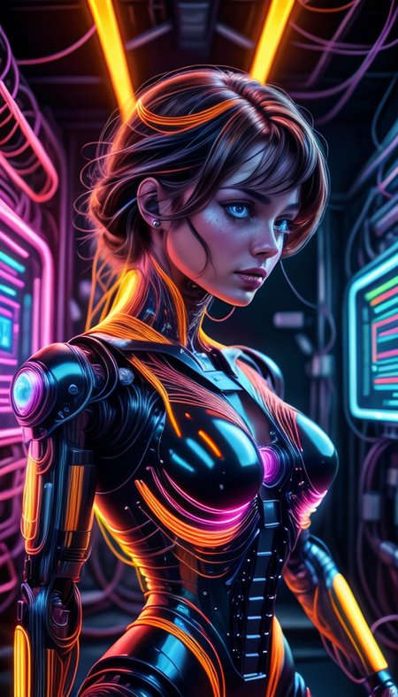 colorful chaos, vivid colors, striking visual design, <lora:add_detail:0.75>, <lora:sharpen-soften:-0.2>, <lora:stylesqueeze_v2:0.25>, <lora:realistic:0.25>,
1 girl, adult  woman, chubby, hazel eyes, auburn half-up half-down hairstyle, portrait, solo, upper body, looking at viewer, detailed background, detailed face, (<lora:1970RetroFuturism:0.6>, 1970retrofuturism, 1970s theme:1.1), android, cyborg, mechanical limbs, mechanical eyes, wires,  advanced technology, dynamic pose, emotionless,  artificial intellgience, steel, digital implants, nanobots, electronics, gadgets, powered by electricity, holograms, particle effects, bright  lights, neon colors, cables in background, cinematic atmosphere, <lora:isobug:0.75> <lora:speedy1p5:1.15>