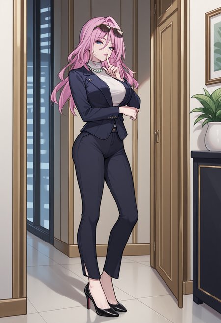masterpiece, best quality, 1girl solo, ChaJdHSR, blue eyes, pink hair, long hair, sunglasses on head, fitted blazer, dark blue blazer, white turtleneck, slim-fit pants, high heels, pearl necklace, makeup, business look, professional attire, looking at viewer, shushing, finger to mouth, indoors, office, full body, standing, looking at viewer,  <lora:ChamJadeHSRIllustriousXL:1>