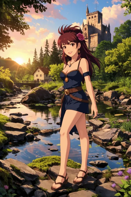 Montenegrin mohawk burgundy hair (young woman), (druid:1.2), anime, illustration, (extremely detailed), (portrait), (standing:1.2), (happy smile), flower in hair, glossy lipstick, celtic necklace, medallion earrings, loincloth, (sandals),  Rotary Blue (druid short dress), (legs), heels, (sharp focus),  fantasy, (beautiful celtic landscape:0.9), (small rock:0.9), (moss:0.4), (ripples, reflections:0.8), celtic  castle, (small river small pond:0.5), druid forest, (druid village:1.2), (stunning nature environment:0.8), (enchanted land:0.5), clovers, (Plum Purple flowers:0.9), leaves,bright (sunny sky), (sunset:0.3), best quality, colorful, wet floor, raytracing, hdr, high contrast, ethereal natural lights, backlight, (lens flare:0.4), shadows, (vibrant colors, colorful):0.6, pretty, beautiful, happy, smiling, feminine, sexy, lovely, in love, adorable, fashion,  <lora:Hand v2:1> <lora:Anti-Blur:1> <lora:RetroAnimeFluxV1:0.4> <lora:Luminous_Shadowscape:0.4>  <lora:SujatmikoArafuru_Flux:0.2> Suzume style