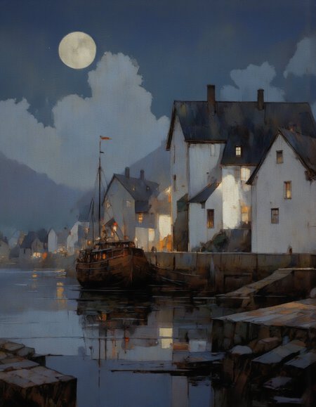 AquarelleIV. A painting of a serene night scene featuring a full moon over a calm harbor with a wooden ship docked in the foreground. the painting is done in a realistic style with muted colors and textures, creating a peaceful atmosphere. on the right side of the image, a row of white buildings with black roofs and windows lit up at night, with a stone walkway leading to them. the buildings are silhouetted against the moonlight, casting a soft glow on the water's surface. in the background, a distant mountain range is visible, adding to the serene ambiance of the scene. the sky is a deep blue with a few wispy clouds, and the moon is partially visible above the buildings, casting an ethereal glow. the water is calm and still, reflecting the lights of the buildings and the ship. the overall mood is peaceful and tranquil, evoking a sense of tranquility and tranquility.