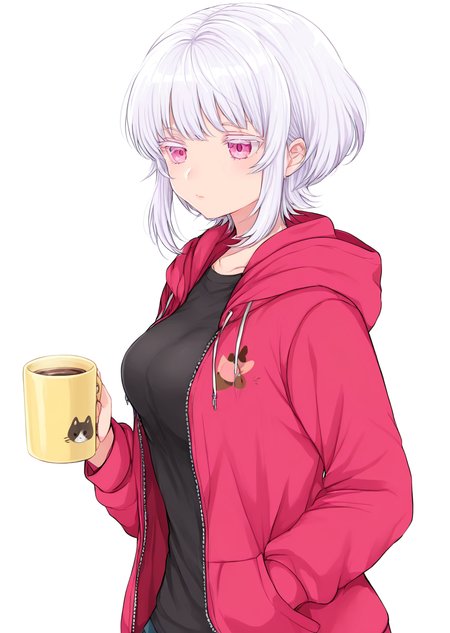 <lora:ShimizuAkina250126:1>,ShimizuAkina,1girl,solo,cup,hood,pink eyes,holding,white background,black shirt,hoodie,hand in pocket,shirt,holding cup,white hair,hood down,simple background,open clothes,animal print,sidelocks,mug,closed mouth,short hair,open hoodie,colored eyelashes,breasts,<lora:NOOB_vp1_detailer_by_volnovik_v1:1>,<lora:noobai_ep11_stabilizer_v0.138_fp16:1>,