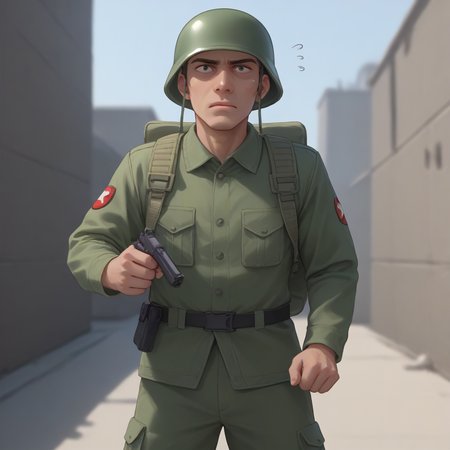 score_9, score_8_up, score_7_up, best quality, masterpiece, source_anime, zPDXL, zPDXL_xxx, BREAK
in city of ruin
1boy,  <lora:rebelsoldier:1>weapon, gun,  solo, military, rifle, male focus, helmet, backpack, bag, military uniform, uniform, flying sweatdrops, transparent background, holding weapon, rebelsoldier, green helmet, military uniform, <lora:add-detail-xl:1> <lora:detail_eyes:0.5>, hands clenching into fists, indicating anger or frustration
