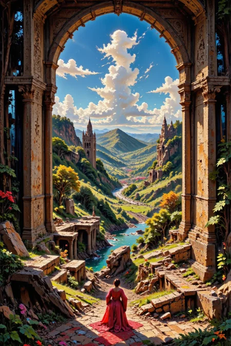 (ruins),  beautiful (Colombian) fantasy landscape,  morning, woman, intricate, very detailed, sharp, colorful, <lora:Hand v2:1> <lora:Anti-Blur:1> <lora:Insane Detail Slider:0.5>   <lora:Flux.1_Turbo_Detailer:0.6> <lora:flux-photo-transparent_Alpha_1.0:0.8> <lora:flux.1_lora_flyway_Epic-detail_v2:0.6> <lora:Painterly01b_CE_FLUX_AIT:0.8> pntrlyCE_style, <lora:VividlySurreal:0.8>, <lora:FluxMythP0rtr4itStyle:0.8> mythp0rt