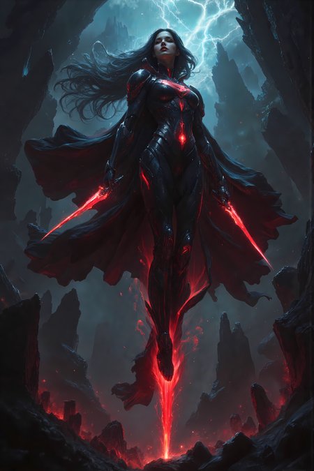A breathtakingly beautiful Kryptonian warrior floats high in the storm-torn sky, her silhouette illuminated by cinematic lightning above shattered alien ruins. She has flawless facial features — luminous fair skin, high cheekbones, sharp red eyes, and soft pink lips, framed by flowing dark hair that flutters weightlessly around her. Her tall, slender body is sculpted to perfection — narrow waist, delicate chest, and long, graceful legs.

Suspended in air, her pose is dynamic and controlled. One leg bends slightly forward, the knee raised just ahead of her body in an elegant curve, while the other leg hangs down naturally with relaxed tension. Her spine remains straight, hovering with unshakable composure. In both hands, she wields twin short curved daggers — the blades glowing with vivid crimson energy, like molten crystal forged in Kryptonian fire.

She wears advanced ceremonial battle armor inspired by *Man of Steel*, merging ancient regality with futuristic technology. Her armored plating includes angular shoulder pauldrons, ribbed side guards, and articulated gauntlets, all seamlessly integrated into a high-tech bodysuit. Dark crimson luminous filaments trace across her form — pulsing with alien energy along her waist, limbs, and collar.

At the center of her chestplate burns a glowing red Kryptonian insignia, distinct from Superman’s S — a radiant emblem of her lost house. A black and red cape unfurls behind her, rippling in slow arcs through the storm, enhancing her solemn presence.

She floats amidst shattered crystal towers and fragmented stone monoliths of ancient Krypton, suspended in low gravity. Rain falls upward around her in drifting spirals. She is a sentinel of defiance — graceful, lethal, and impossibly composed — a holy figure against a broken sky.

masterpiece, best quality, cinematic lighting, 8K, kryptonian warrior, floating in sky, dramatic aerial pose, reverse grip glowing red daggers, red sigil on chestplate, protective alien armor with shoulder guards, MoS-inspired biomechanical plating, glowing crimson veins, sci-fi gothic ruins, full body, ultra detailed face, tall slender feminine body, divine beauty.